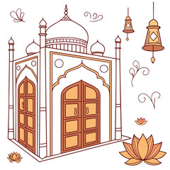 Poster - Intricate vector illustration showcasing traditional Indian wood carvings featuring vibrant CMYK colors Helvetica and Courier fonts ideal for banners advertisements and cultural designs rich in