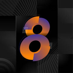 Poster - Futuristic Number 8 Design – Abstract Orange and Blue Gradient Digit on Black Geometric Background
