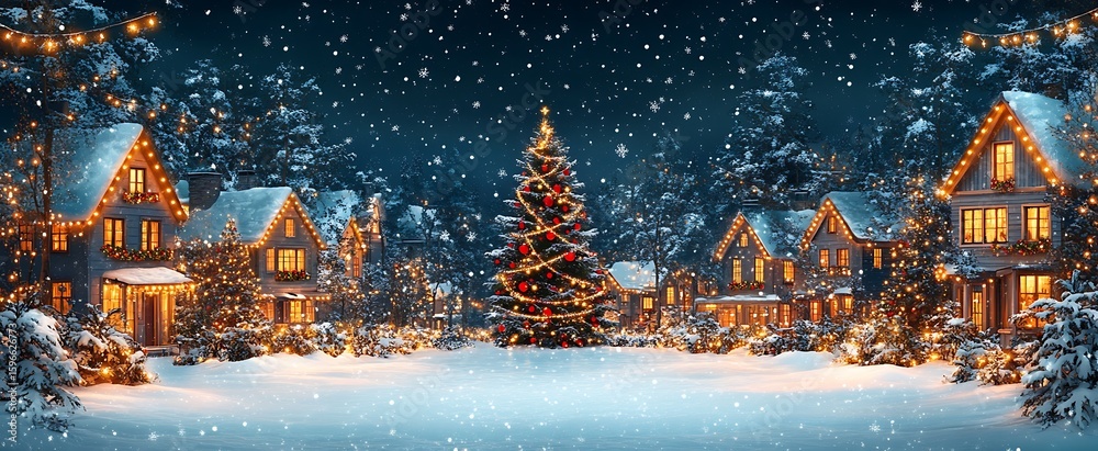 Festive winter village scene with christmas tree and illuminated houses ...
