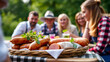 © Depom - Oktoberfest Picnic with Plant-based sausages at Oktoberfest picnic, diverse group, macro detail, natural light, green background (hopeful)