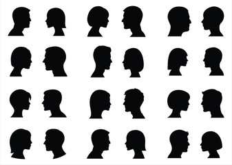 Poster - Diverse silhouettes of human heads in profile facing each other showcasing a variety of hairstyles and features in a clean black and white graphic design. ideal for: Diversity and inclusion campaigns.