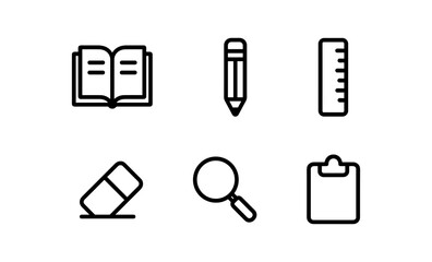 Poster - Minimalist outline icons of stationery: open book, pencil, ruler, eraser, magnifier, clipboard
