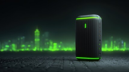 Poster - A sleek black computer tower with green LED accents stands on a textured surface against a glowing green cityscape backdrop, eco-friendly portable power