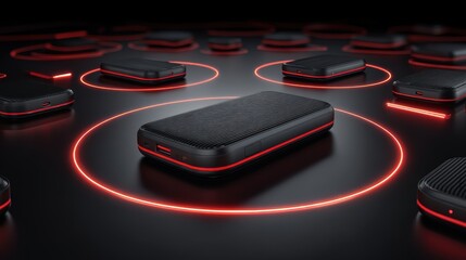 Poster - Multiple sleek black wireless charging pads with red glowing rings on a dark surface, highlighting modern tech and connectivity, eco-friendly portable power