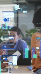 Poster - African American woman processes data on tablet in office for business tech.