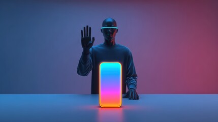 Poster - A futuristic figure wearing VR glasses raises a hand behind a glowing smartphone on a sleek surface with a gradient purple-pink background, futuristic AI power bank