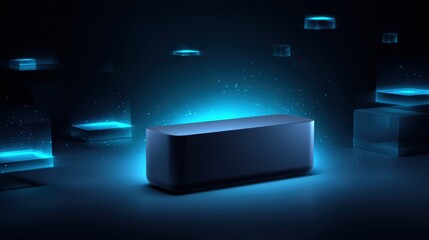 Poster - A futuristic scene featuring glowing blue cubes floating in a dark space, centered around a large illuminated rectangular block with a sleek, smooth surface, futuristic AI power bank