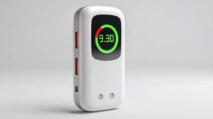 Poster - A sleek white electronic device with a circular digital display showing 