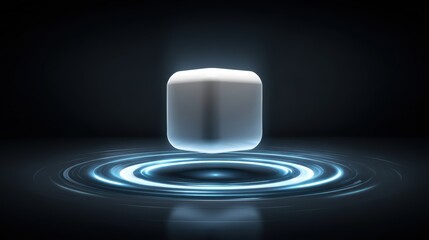 Poster - A glowing white cube floats above a circular ripple pattern on a dark surface, creating a futuristic and digital ambiance, futuristic AI power bank