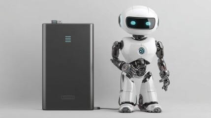 Poster - A small, white humanoid robot stands beside a sleek, black rectangular device connected by a cable on a plain gray background, futuristic AI power bank