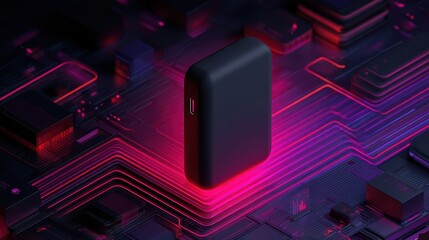 Poster - A sleek black external hard drive rests on a glowing, futuristic circuit board with vibrant red and purple lighting effects, futuristic AI power bank