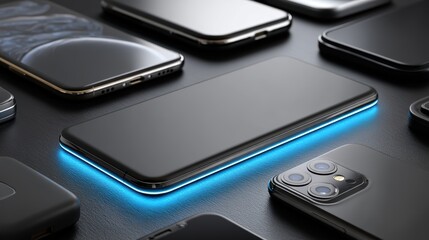 Poster - Sleek modern smartphones arranged on a dark surface, one glowing with a blue light underneath, highlighting advanced technology and design, futuristic AI power bank