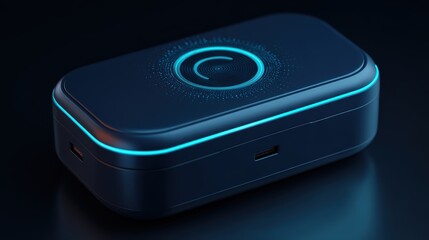 Poster - A sleek, futuristic black device with glowing blue accents and a circular illuminated pattern on top, set against a dark, reflective surface, futuristic AI power bank