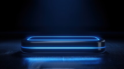 Poster - A sleek, futuristic rectangular device glowing with blue neon lights, set against a dark, textured surface, futuristic AI power bank