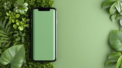 Poster - A smartphone with a blank green screen is placed on a green leafy background, blending technology with nature, futuristic AI power bank