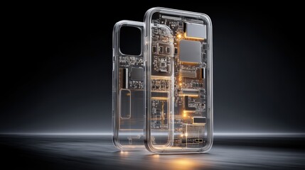Poster - Transparent smartphone cases reveal intricate internal circuitry and glowing electronic components on a dark background, futuristic AI power bank