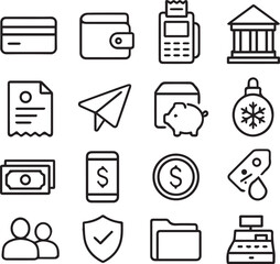 Fototapete - Banking Vector Icon Set  Adjustable Line Weight  Icons include credit card, wallet, POS terminal, bank, receipt, ATM, piggy bank, vault, money, mobile banking, savings, interest tag, cash register