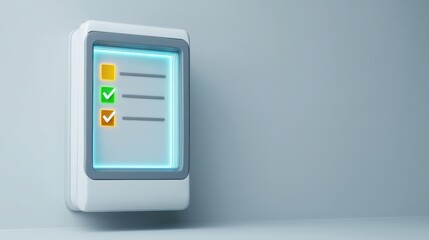 Poster - A futuristic digital checklist with color-coded boxes and checkmarks glows on a sleek, translucent screen against a minimalist light gray background, digital scheduler