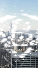 Poster - Animation of shield padlock and moving digital lines and dots connections over modern cityscape