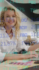 Poster - Composite of financial data processing over businesswoman using computer in office