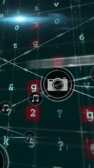 Poster - Animation of network of digital icons and cyber security data processing against green background