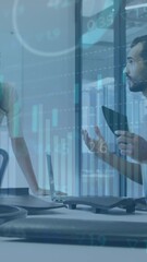 Poster - Animation of multiple graphs and trading board over diverse coworkers sharing ideas in office