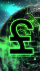 Poster - Animation of illuminated pound currency sign with connected dots over globes