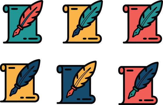 Ancient Scroll and Quill Icons Set Featuring Historical Writing Tools and Documents
