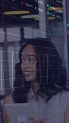 Poster - Animation of stock market data processing over diverse colleagues discussing and smiling at office