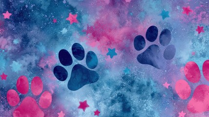 Wall Mural - Colorful Paw Prints and Stars Galaxy Background