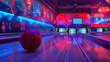 © Busayo - Red bowling ball and pins in the background on a wooden lane under neon lights in a bowling alley