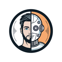 Poster - Half Man, Half Robot: A striking graphic juxtaposes the human face with a mechanical counterpart within a sleek circular frame, symbolizing the intersection of man and machine in the digital age. 