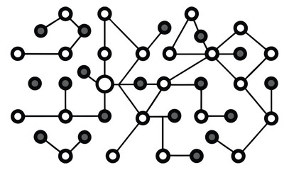 Poster - Abstract interconnected network visualization featuring a central node and radiating connections with both white and gray circular nodes and connecting lines creating a complex web
