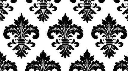 Wall Mural - Black and white seamless victorian floral pattern with stylized fleur-de-lis flowers and curled leaves. For textile, wallpaper or heraldry design