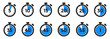 © dlyastokiv - Timer clock, stopwatch set icons with different time. Countdown timer symbol icon set. Sport clock with time meaning. Label cooking symbols. Stopwatch intervals signs - vector