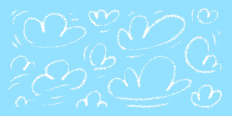 Poster - Collection of playful hand-sketched liner clouds in naive style. Crayon drawings childish icons. Vector collection of various shapes elements.