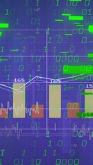 Poster - Financial data and binary code animation over fluctuating bar and line graphs