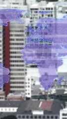 Poster - World map animation over cityscape with buildings and trees
