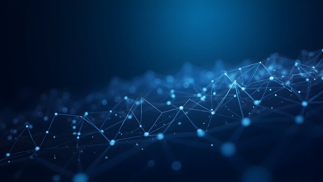  glowing lines and nodes forming a network mesh, gradient background from cobalt to indigo, digital theme

