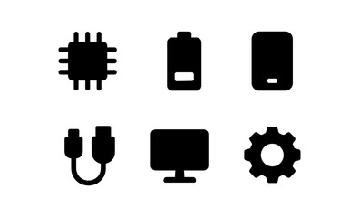 Poster - Technology icons set: chip, battery, tablet, cable, monitor, gear in solid style