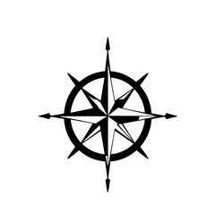 Poster - Wind Rose Compass: A bold black and white line art illustration of a nautical wind rose, showcasing its sharp points and circular design, perfect for navigational themes.