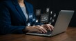 © Md - A businesswoman is working on a laptop with ai marketing icons floating above, indicating the use of artificial intelligence in digital marketing