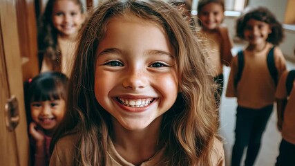 Poster - Happy diverse group of children smiling together in school hallway during educational activity, Portrait of happy diverse group of children in school hallway