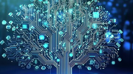 Poster - Intricate blue circuit board design resembling a digital tree in a futuristic landscape, blue circuit board electronic hi-tech tree