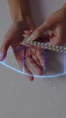 Poster - Holding medication, hands over glowing DNA strand animation, focusing on science