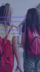 Poster - Children with backpacks walking in school hallway with digital animation overlay