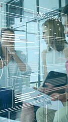 Poster - Diverse team collaborating in office with digital data processing animation overlay