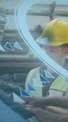 Poster - Workers in safety gear operating machinery with digital data overlay animation