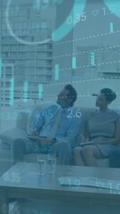 Poster - In office, diverse professionals presenting financial data with animation overlaying on screen
