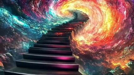 Poster - Mystical staircase rises into a vibrant cosmic galaxy filled with swirling colors and celestial wonders, Mystical staircase ascends into cosmic galaxy filled with colorful spirals of stars and nebulae